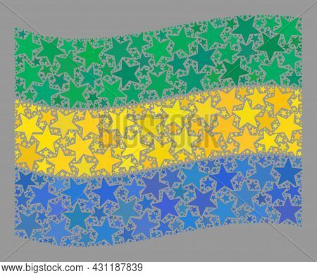 Mosaic Waving Gabon Flag Created Of Star Icons. Vector Starred Collage Waving Gabon Flag Organized F