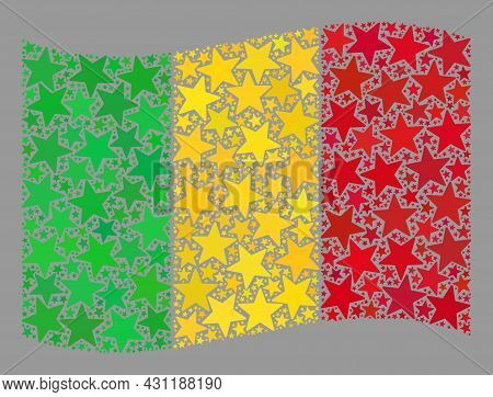 Mosaic Waving Mali Flag Created Of Star Items. Vector Starred Mosaic Waving Mali Flag Designed For F