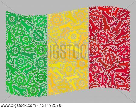 Mosaic Waving Mali Flag Designed Of Transmission Icons. Vector Gear, Spanner Mosaic Waving Mali Flag