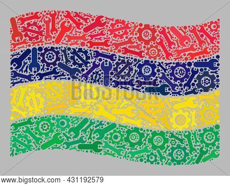 Mosaic Waving Mauritius Flag Designed Of Equipment Items. Vector Engine, Spanner Mosaic Waving Mauri