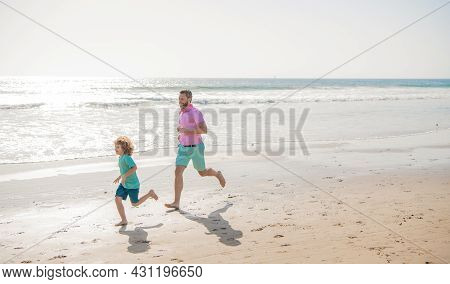 Daddy And Child Family Running On Summer Beach, Copy Space, Family Vacation