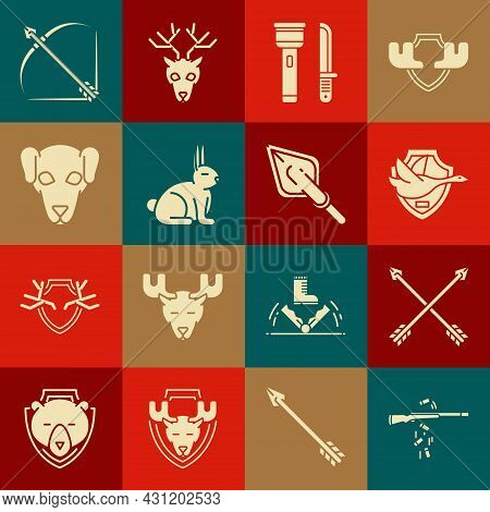 Set Gun Shooting, Crossed Arrows, Flying Duck On Shield, Flashlight And Knife, Rabbit, Hunting Dog, 