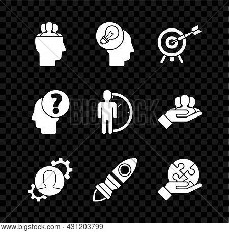 Set Project Team Base, Human Head With Lamp Bulb, Target Arrow, Gear Inside, Rocket Ship Fire, Piece