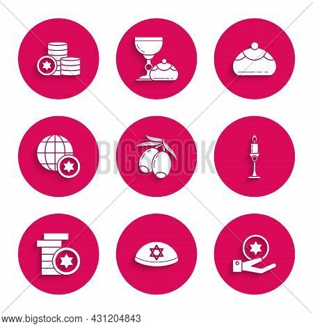 Set Olives Branch, Jewish Kippah With Star Of David, Coin On Hand, Burning Candle Candlestick, World