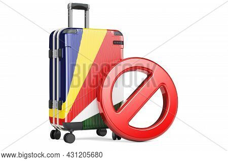 Seychelles Entry Ban. Suitcase With Seychelloise Flag And Prohibition Sign. 3d Rendering Isolated On