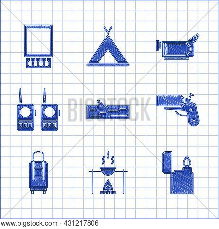 Set Wooden Log, Campfire And Pot, Lighter, Flare Gun Pistol, Suitcase, Walkie Talkie, Cinema Camera 