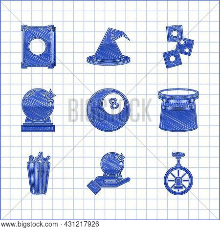 Set Magic Ball Of Predictions, Hand, Unicycle Or One Wheel Bicycle, Magician Hat, Popcorn In Box, Ga
