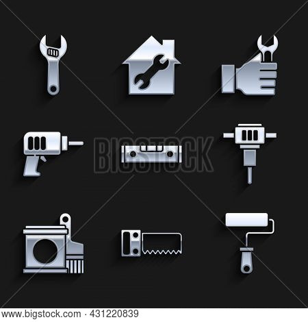 Set Construction Bubble Level, Hand Saw, Paint Roller Brush, Jackhammer, Bucket, Electric Drill Mach