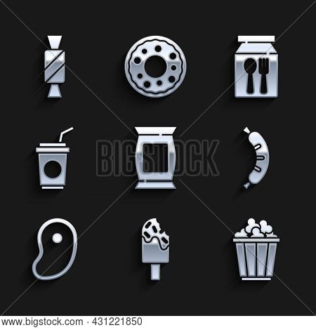 Set Bag Or Packet Potato Chips, Ice Cream, Popcorn In Box, Hotdog, Steak Meat, Paper Glass With Stra