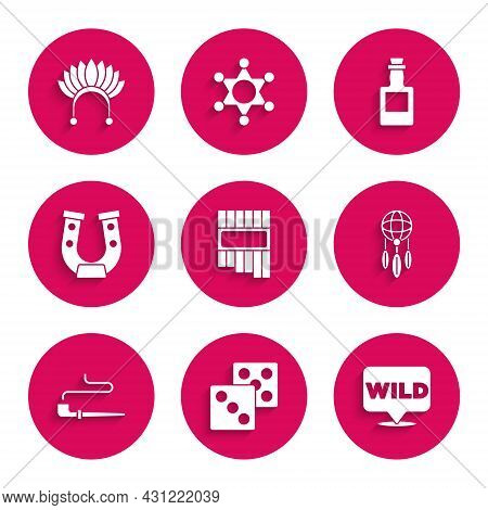 Set Pan Flute, Game Dice, Pointer To Wild West, Dream Catcher With Feathers, Smoking Pipe, Horseshoe