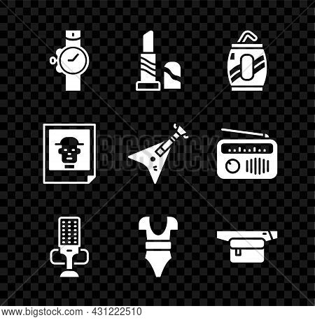 Set Wrist Watch, Lipstick, Soda Can With Straw, Microphone, Swimsuit, Waist Bag Of Banana, Photo And