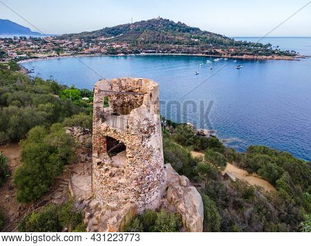 San Gemiliano Fortress Tower On The Rocky Coast On The Blue Sea. Sardinia, Italy. City Of Arbatax.