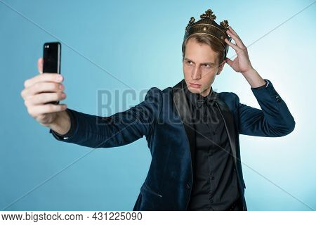 Brag About Your Success On Social Networks. A Young Man Has Received An Achievement And Takes A Self