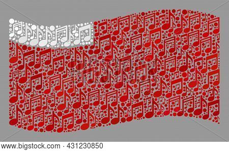 Mosaic Waving Abu Dhabi Flag Designed Of Musical Notes. Vector Musical Collage Waving Abu Dhabi Flag