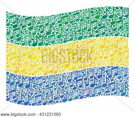 Mosaic Waving Gabon Flag Designed Of Melody Notes. Vector Musical Collage Waving Gabon Flag Combined