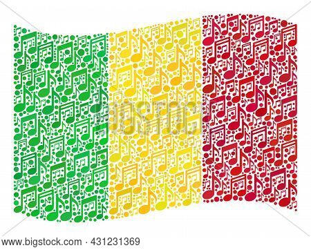 Mosaic Waving Mali Flag Constructed Of Melody Icons. Vector Musical Collage Waving Mali Flag Designe