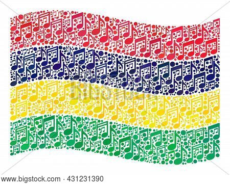 Mosaic Waving Mauritius Flag Constructed Of Melody Symbols. Vector Musical Collage Waving Mauritius 
