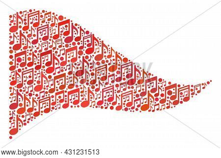 Mosaic Waving Red Triangle Flag Created Of Melody Signs. Vector Musical Mosaic Waving Red Triangle F