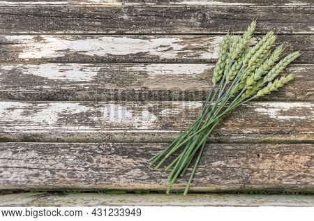 A Bouquet Of Green Ears Of Wheat Lies On A Background Of Old Wooden Boards