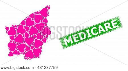 Distress Medicare Stamp Seal, And San Marino Map Collage Of Heart Icons. Green Rectangle Stamp Seal 
