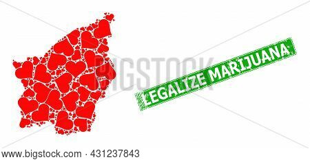 Textured Legalize Marijuana Stamp Seal, And San Marino Map Mosaic Of Love Heart Icons. Green Rectang