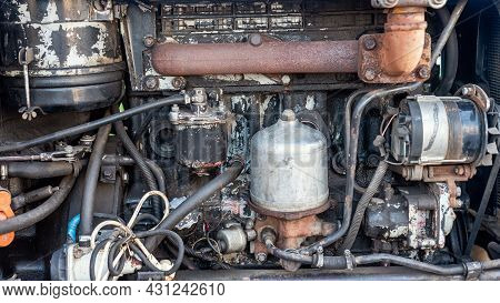 The Diesel Engine Of An Old Tractor, Background.