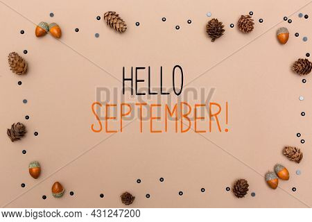 Hello September Message With Autumn Themed Background Border