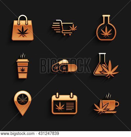 Set Medical Pills With Marijuana, Calendar And, Cup Tea, Test Tube, Location, Coffee, And Shopping B