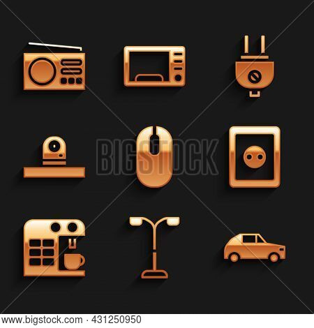 Set Computer Mouse, Street Light, Car, Electrical Outlet, Coffee Machine, Security Camera, Plug And 