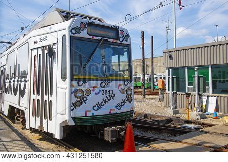 Newton, Ma, Usa - Apr. 10, 2021: Boston Metro Mbta Ansaldo Breda Type 8 Green Line At Riverside Term