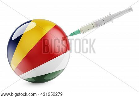 Syringe With Seychelloise Flag. Vaccination In Seychelles Concept, 3d Rendering Isolated On White Ba