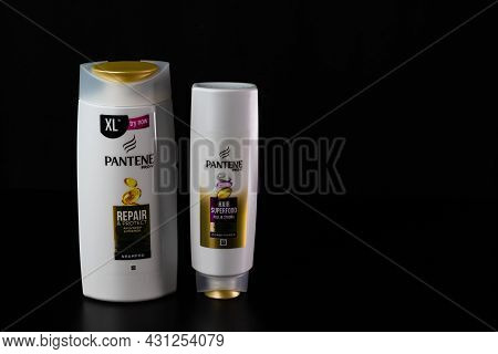 Pantene For Women, Products For Washing Hair Isolated On Black Background. Bucharest, Romania, 2021
