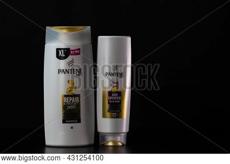 Pantene For Women, Products For Washing Hair Isolated On Black Background. Bucharest, Romania, 2021