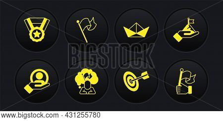 Set Hand For Search A People, Mountains With Flag, Man Holding, Target, Folded Paper Boat, Flag, And