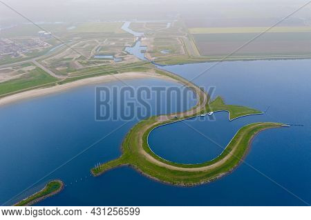 Aerial View From The Drone Of Manmade Tulip Island Tulpeiland Zeewolde, Netherlands.