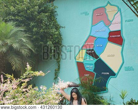 An Example Of High Relief Sculpture Concept Applied In Making Map. Map With Green Background, Plants