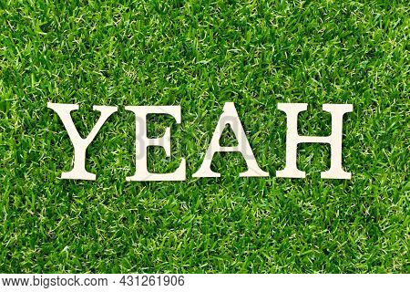 Wood Letter In Word Yeah On Green Grass Background