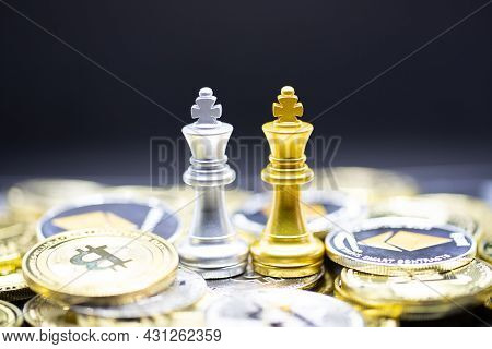 Gold King And Silver Queen Chess On The Crypto Currency. It's Is Convenient Payment In Economy Marke