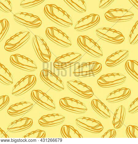 Hot Dog Seamless Pattern On Colored Background, Vector Illustration