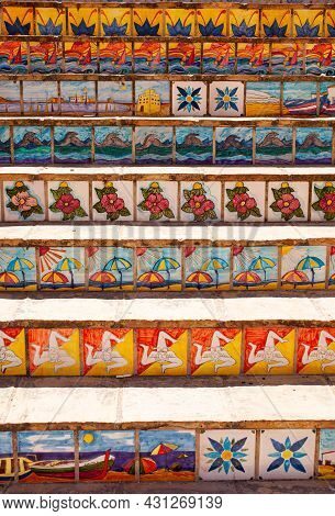 View Of A Staircase Decorated With Typical Sicilian Ceramic Tiles, Porto Empedocle. Sicily
