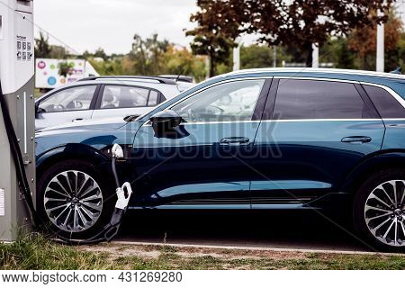 Minsk, Belarus August 2021 - Audi E-tron Parked At The Charging Station.
