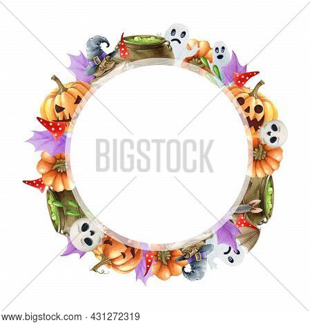 Halloween Round Frame. Watercolor Illustration. Hand Drawn Spooky Halloween Round Decor. Scary Funny