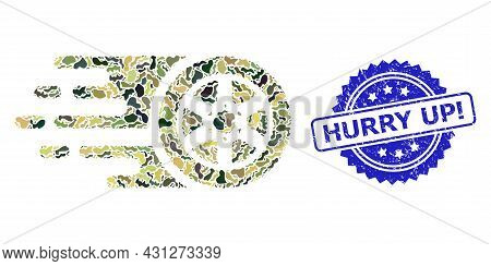 Military Camouflage Combination Of Bolide Car Wheel, And Hurry Up Exclamation Textured Rosette Seal.