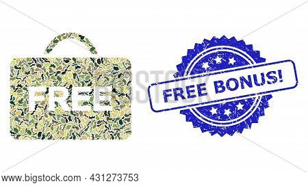 Military Camouflage Collage Of Free Case, And Free Bonus Exclamation Textured Rosette Stamp. Blue St