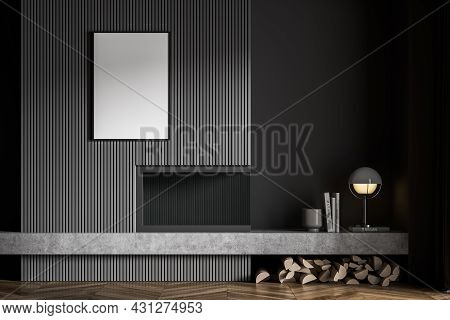 Dark Grey Interior With Modern Low Shelf, Poster, Contemporary Fireplace, Trendy Wall Panelling And 
