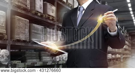 Businessman Use Tablet Plan, Check Of Logistics Transportation In Warehouse. Business Man Manage Sma