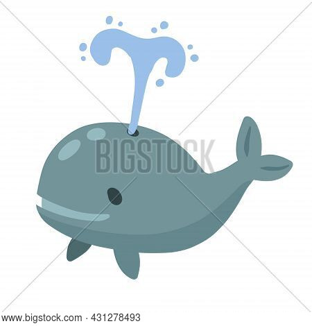 Cute Funny Whale With Water Fountain. Marine Animal. Funny Blue Sperm Whale. Children Drawing In Sca