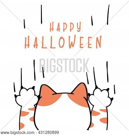 Cute Funny Cat Playful Play Ghost Paw Happy Halloween Costume Card Cartoon Doodle Outline Flat Vecto