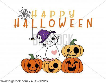 Cute Kitten Cats Witch Halloween Costume With Funny Face Craved Orange Pumpkin Happy Halloween Carto