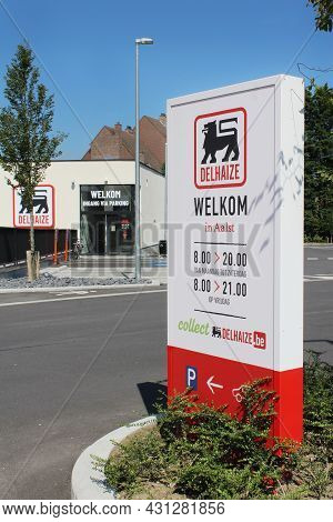 Aalst, Belgium, 25 August 2021: Exterior View Of The Newly Built Delhaize Supermarket In Aalst. The 